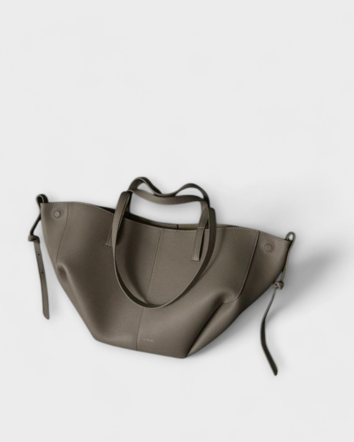 Lumina Wear Isabella sculpted minimalist tote bag in brown with spacious design, measuring 32cm x 13cm x 22cm, hand-held style.