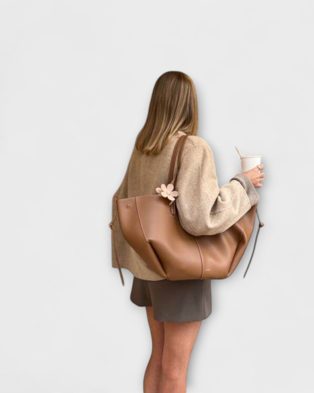 Lumina Wear Isabella sculpted minimalist tote bag in brown with spacious design, measuring 32cm x 13cm x 22cm, stylish handbag.