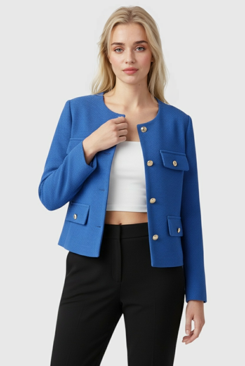 Blue Isabella winter jacket by Lumina Wear, stylish and versatile design, shown with front view and cozy winter fabric.