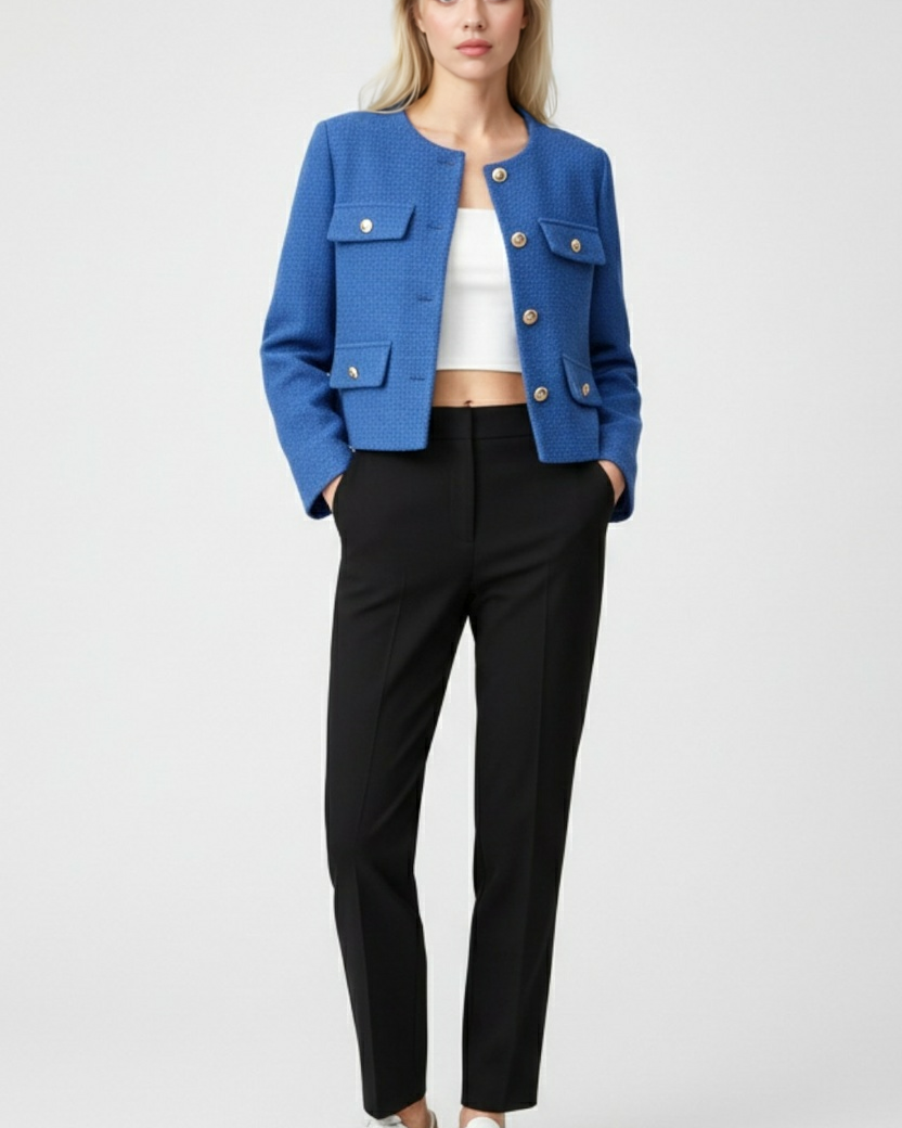 Blue winter jacket by Lumina Wear, Isabella style, featuring versatile design and stylish details for cold weather.