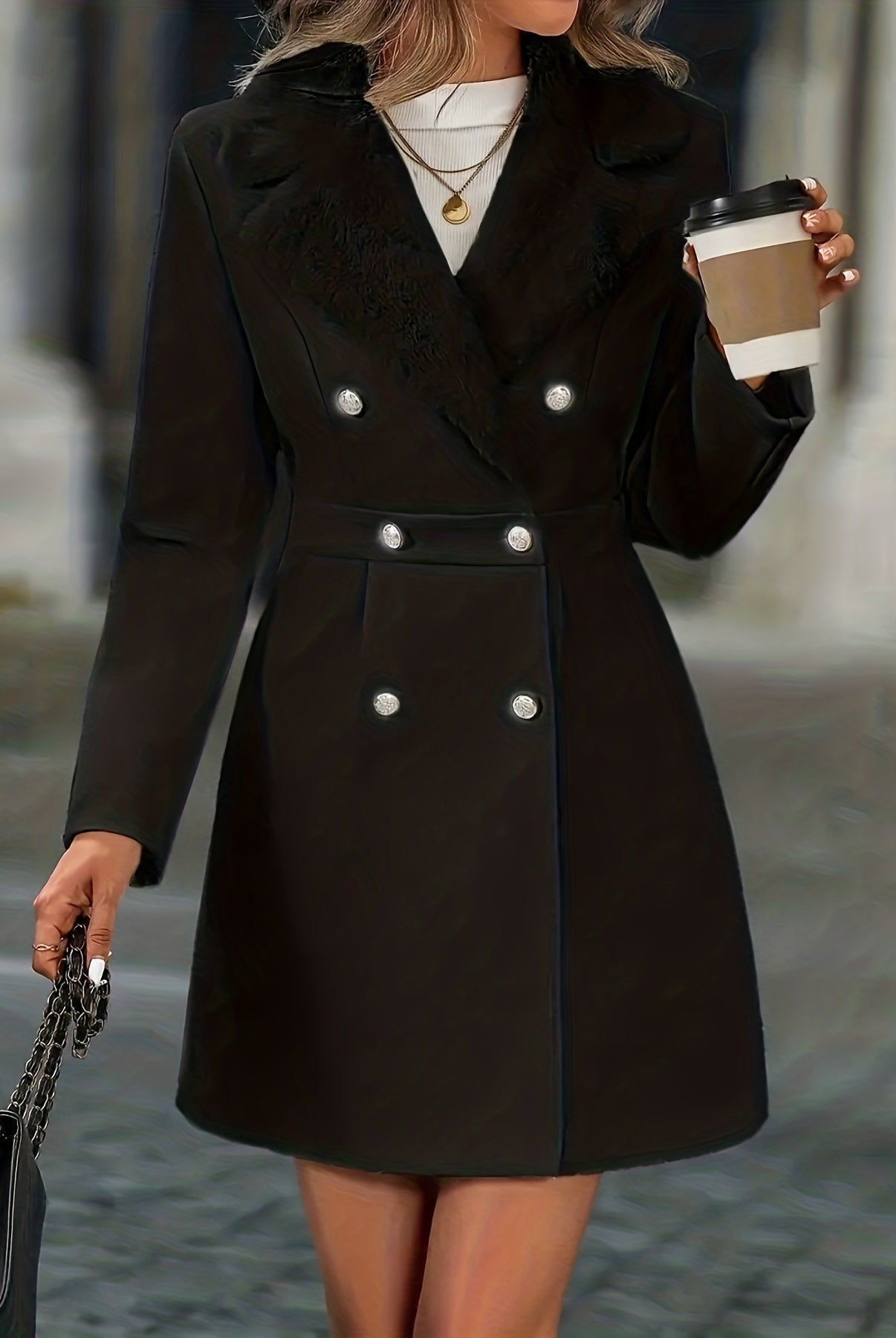 White Isabella tailored A-line coat with classic lapels by Lumina Wear, shown on a woman in size XXS, stylish women's jacket.