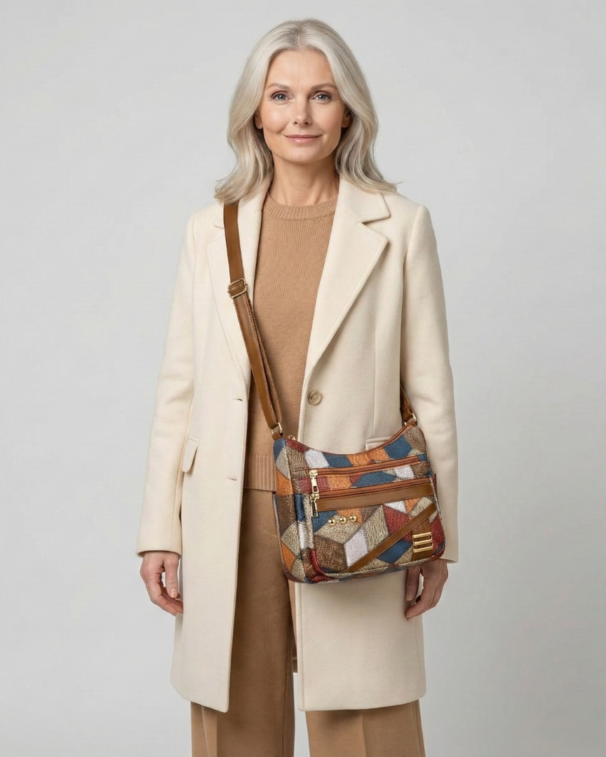 Lumina Wear Isabella textured patchwork shoulder bag with faux-leather accents, featuring a stylish design and adjustable strap.