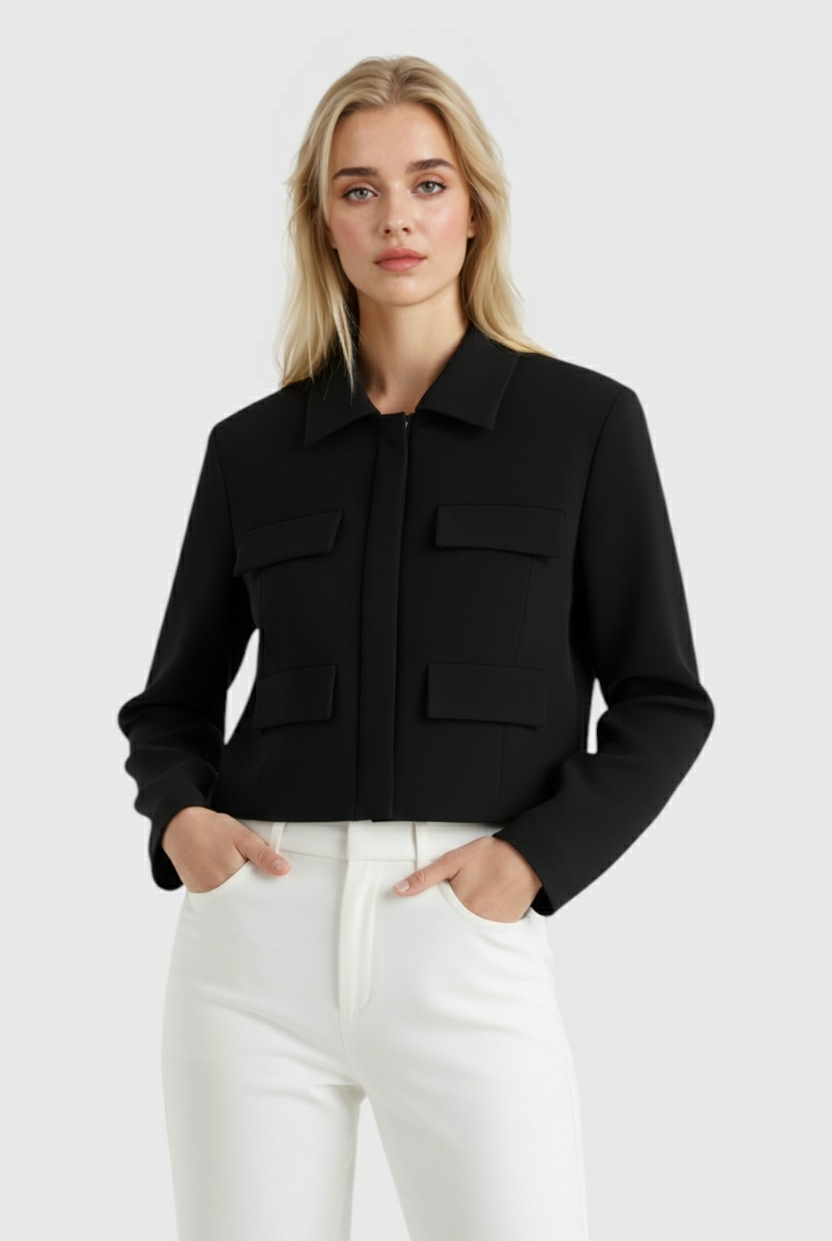 Black Isabella cropped jacket by Lumina Wear, women's tailored-fit jacket with trendy style, shown on a model.