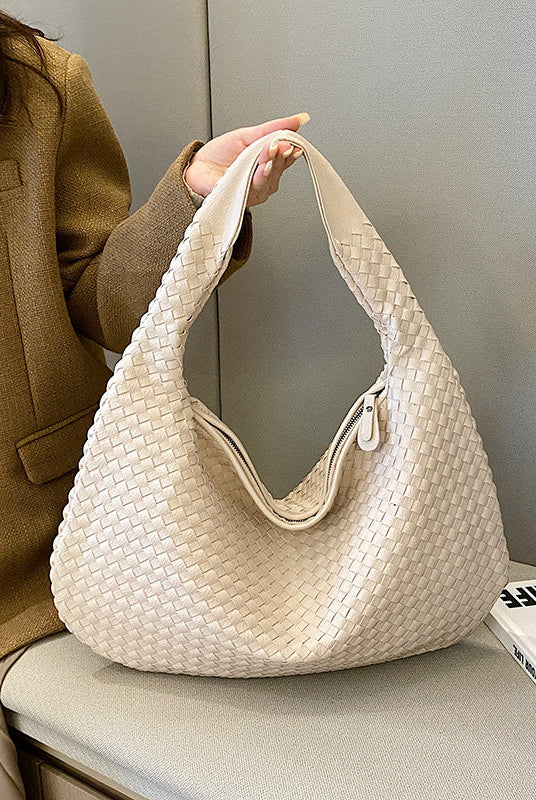 Beige Isabella Lumina Wear woven eco-leather shoulder bag with unique design, stylish and eco-friendly handbag.
