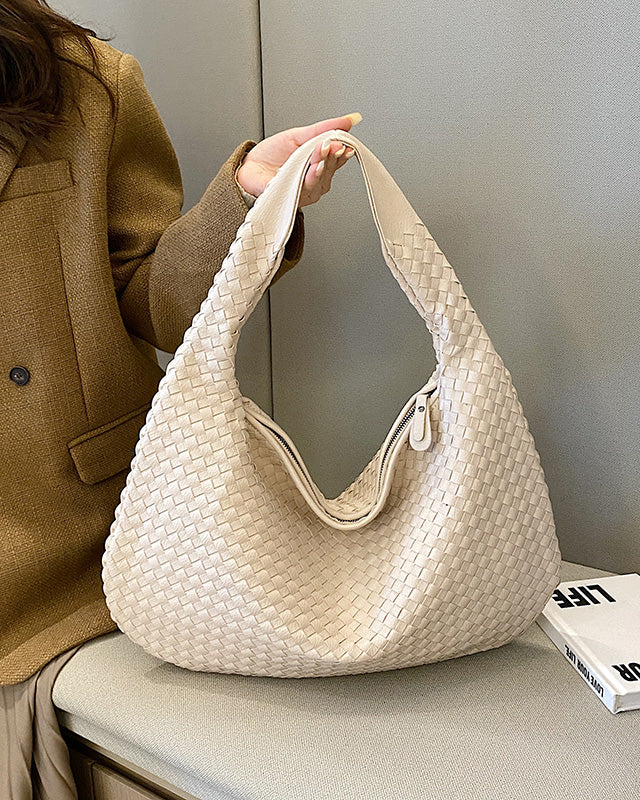 Beige Isabella Lumina Wear woven eco-leather shoulder handbag with unique design, featuring a stylish and eco-friendly look.