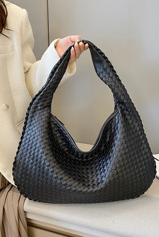 Beige Isabella Lumina Wear woven eco-leather shoulder handbag with unique design and top handle for stylish carry.