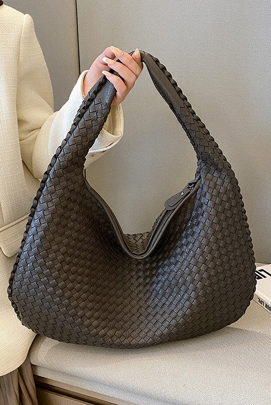 Beige Isabella Lumina woven eco-leather shoulder bag with unique design, stylish handbag for everyday use.