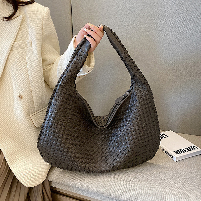 Beige Isabella Lumina woven eco-leather shoulder bag with unique design, stylish handbag for everyday use.