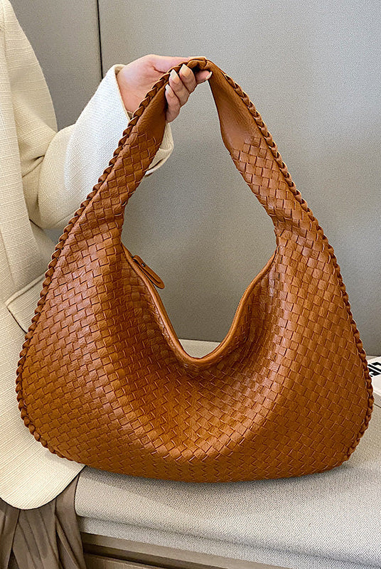 Beige Isabella woven eco-leather shoulder bag by Lumina Wear, stylish handbag with unique textured design.