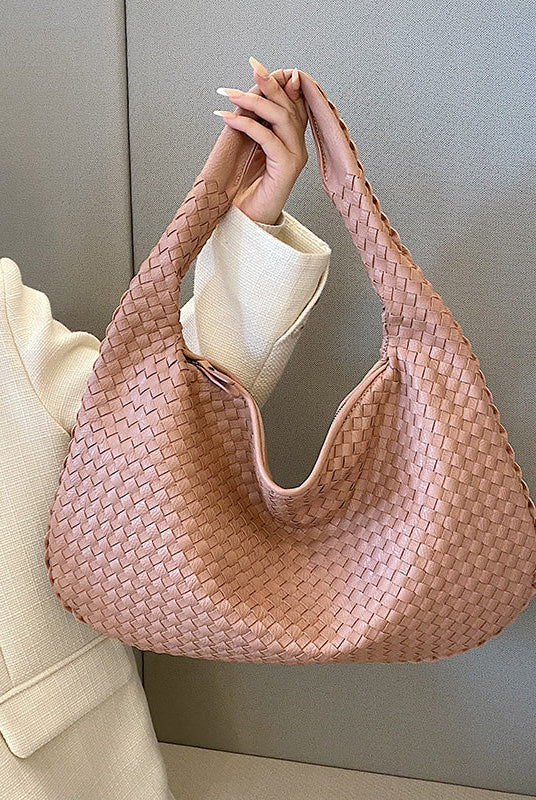Beige Isabella woven eco-leather shoulder bag by Lumina Wear, featuring a unique handcrafted design and stylish shoulder strap.