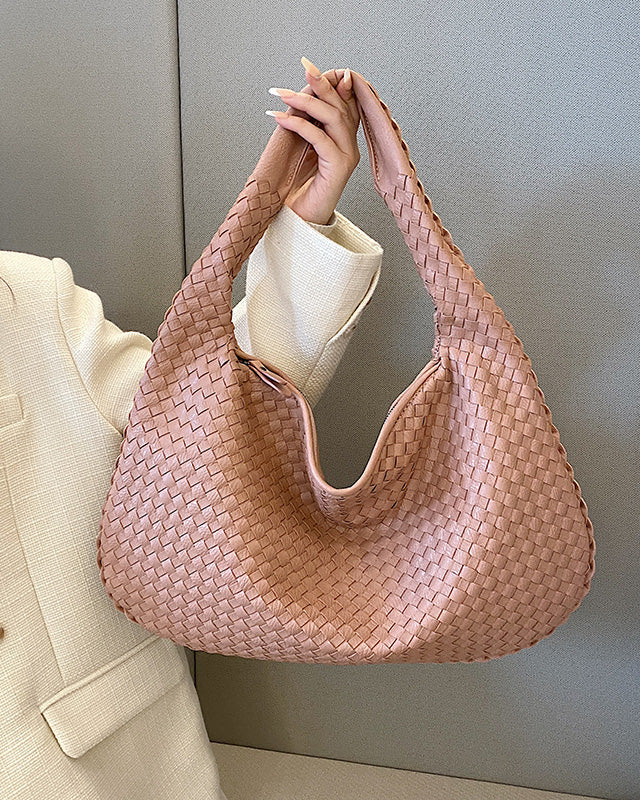 Beige Isabella Lumina woven eco-leather shoulder handbag with unique design, featuring a stylish and eco-friendly look.