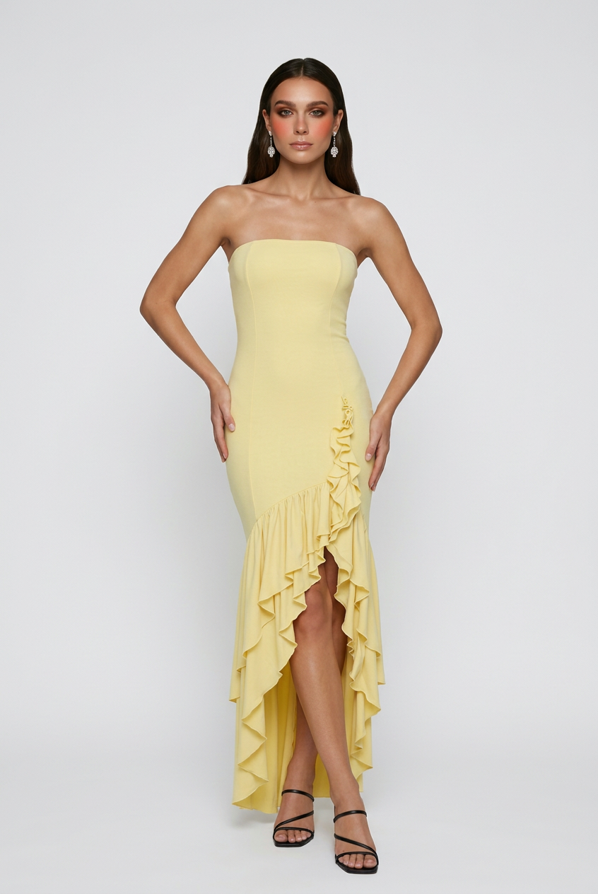 Bright yellow Isabella off-shoulder dress with ruffle details from Lumina Wear, perfect for stylish women’s summer occasions.