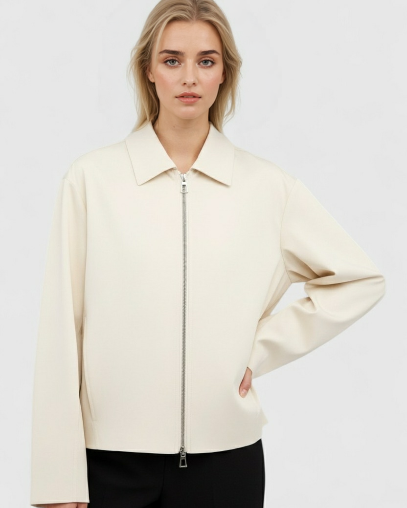 Vibrant ivory casual bomber jacket with zipper by Lumina Wear, featuring a stylish relaxed fit and modern design.