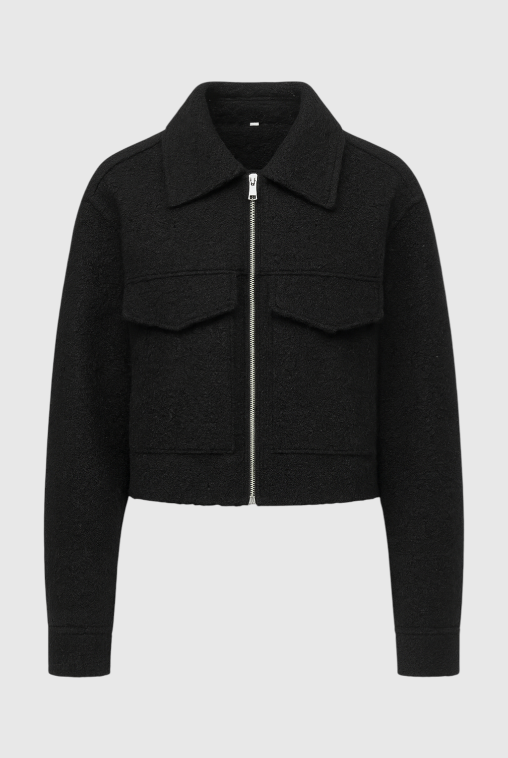 Vintage black zip jacket with lapel collar from Lumina Wear's Isabella collection, stylish jacket for a sleek look.