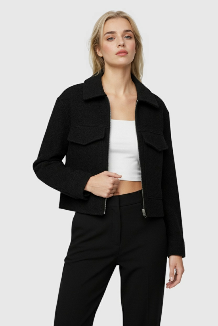 Vintage black zip jacket with lapel collar by Lumina Wear, showcasing a stylish women's jacket with a sleek design.
