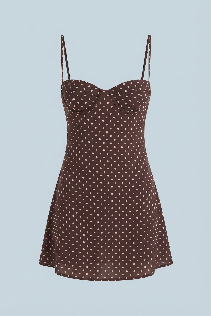 Isabella vintage polka dot mini dress by Lumina Wear with ruffled hem, chocolate color, and sleeveless design.