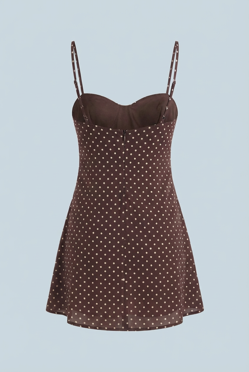 Isabella vintage polka dot mini dress with ruffled hem by Lumina Wear, chocolate color, XS size, stylish and playful dress.