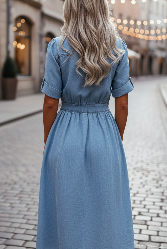 Light blue Isabelle belted denim shirt dress by Lumina Vancouver, maxi style with button details and a relaxed fit.