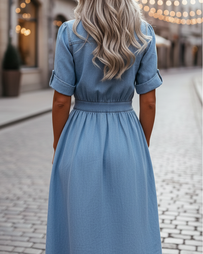 Light blue belted denim shirt dress by Lumina Wear, maxi length with buttons and a waist belt, perfect for casual summer wear.