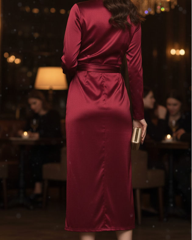Isabelle Burgundy Wrap Maxi Dress by Lumina Wear, featuring a stylish wrap design and flowing fabric in deep burgundy color.