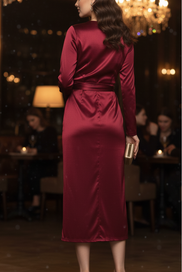 Isabelle Burgundy Wrap Maxi Dress by Lumina Vancouver, featuring a flowing silhouette and elegant wrap design in deep burgundy color.