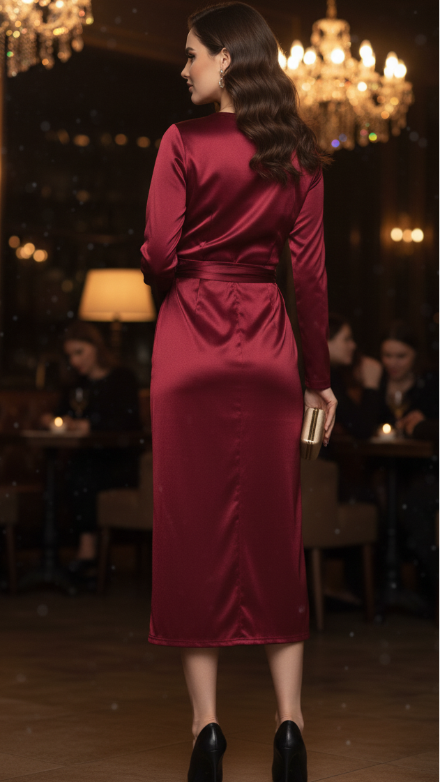 Isabelle Burgundy Wrap Maxi Dress by Lumina Vancouver, featuring a flowing silhouette and elegant wrap design in deep burgundy color.