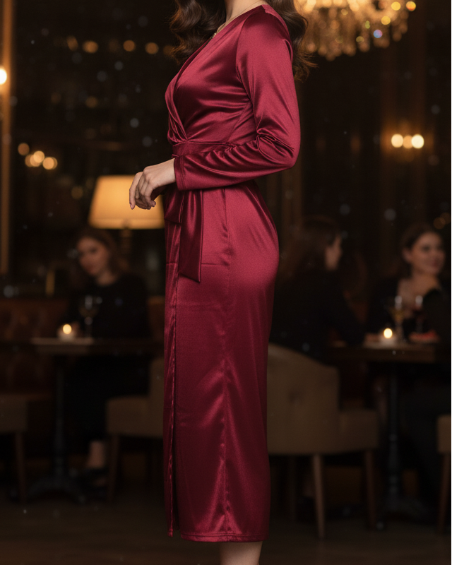 Isabelle Burgundy Wrap Maxi Dress by Lumina Wear featuring a fitted waist and flowing skirt, displayed on a hanger.