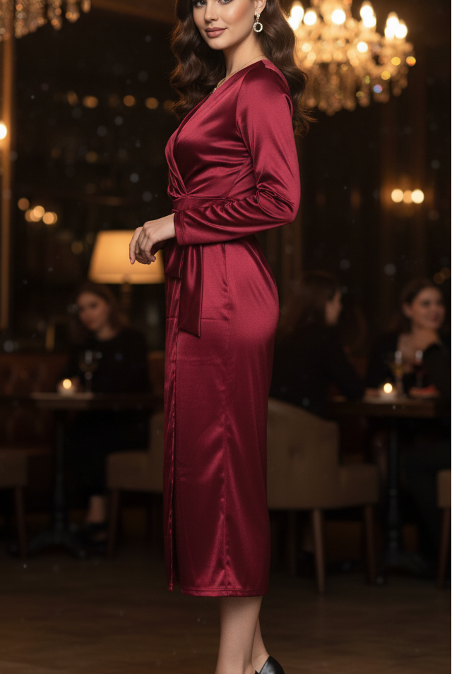 Isabelle Burgundy Wrap Maxi Dress by Lumina Vancouver, featuring a stylish wrap design and elegant length in rich burgundy color.