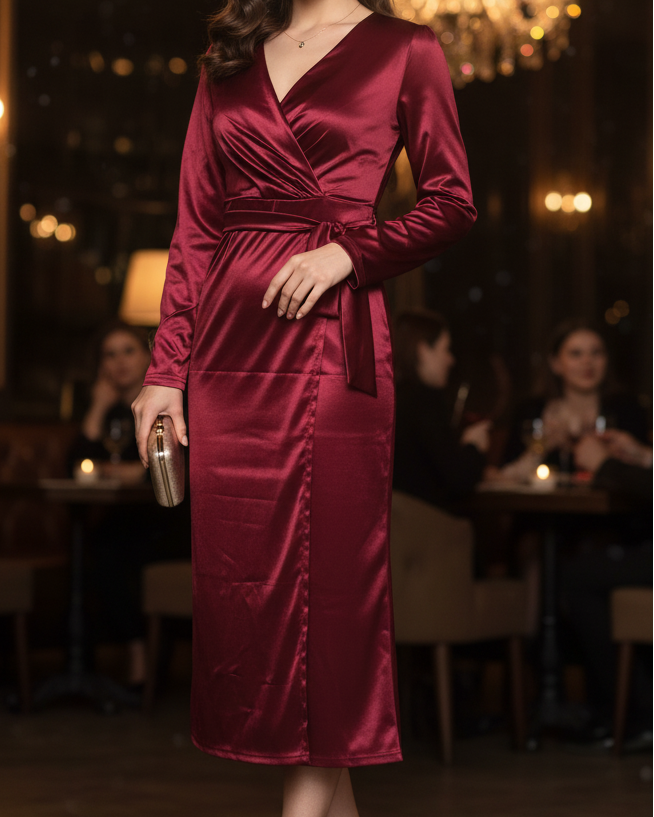 Isabelle Burgundy Wrap Maxi Dress by Lumina Wear, featuring a stylish wrap design, long sleeves, and flowing fabric, displayed on a model.