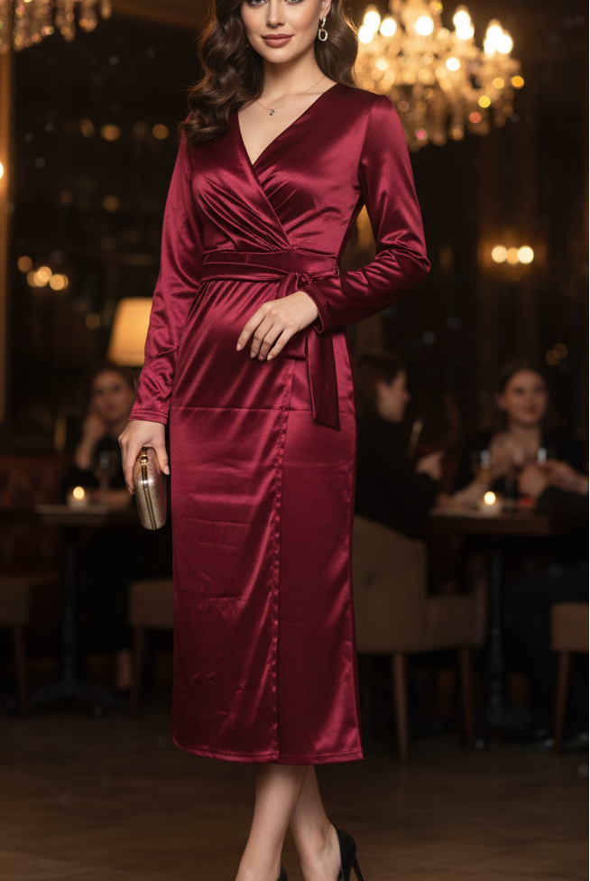Lumina Vancouver Isabelle burgundy wrap maxi dress displayed flat, showing its elegant design and soft fabric for women.