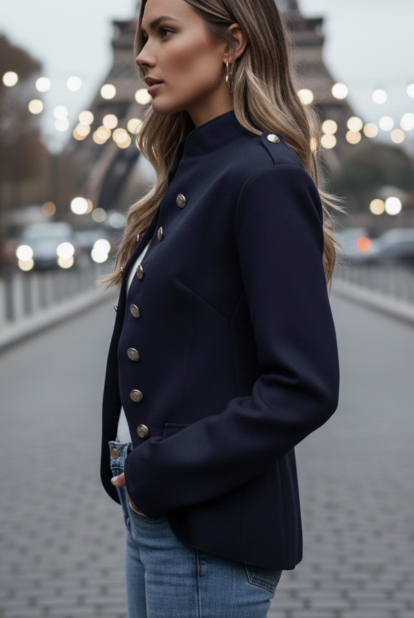 Lumina Vancouver Isabelle casual blazer with gold accents, red fabric, tailored fit, stylish blazer for versatile wear.