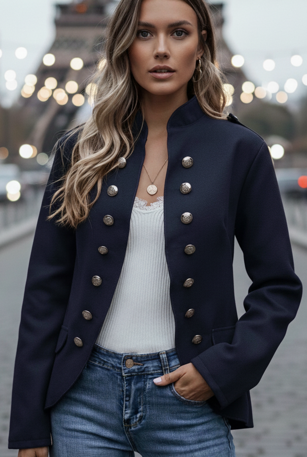 Lumina Vancouver Isabelle casual blazer with gold accents, red fabric, tailored fit, and classic blazer style.