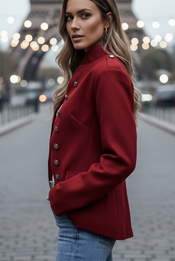 Lumina Vancouver Isabelle casual blazer with gold accents, red fabric, tailored fit, stylish design, and front button closure.