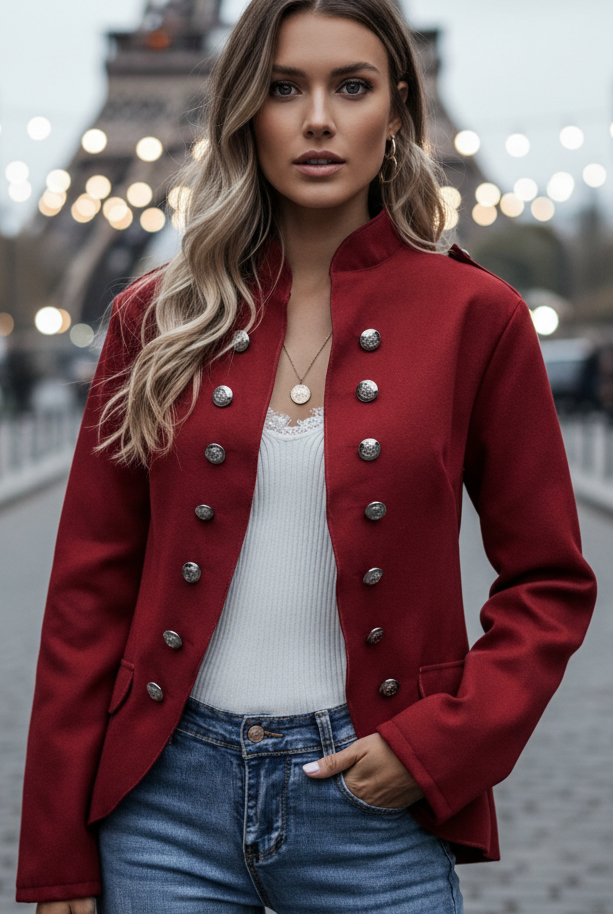 Lumina Vancouver Isabelle blazer with casual fit and gold accents, shown in red, size S, stylish and versatile blazer.