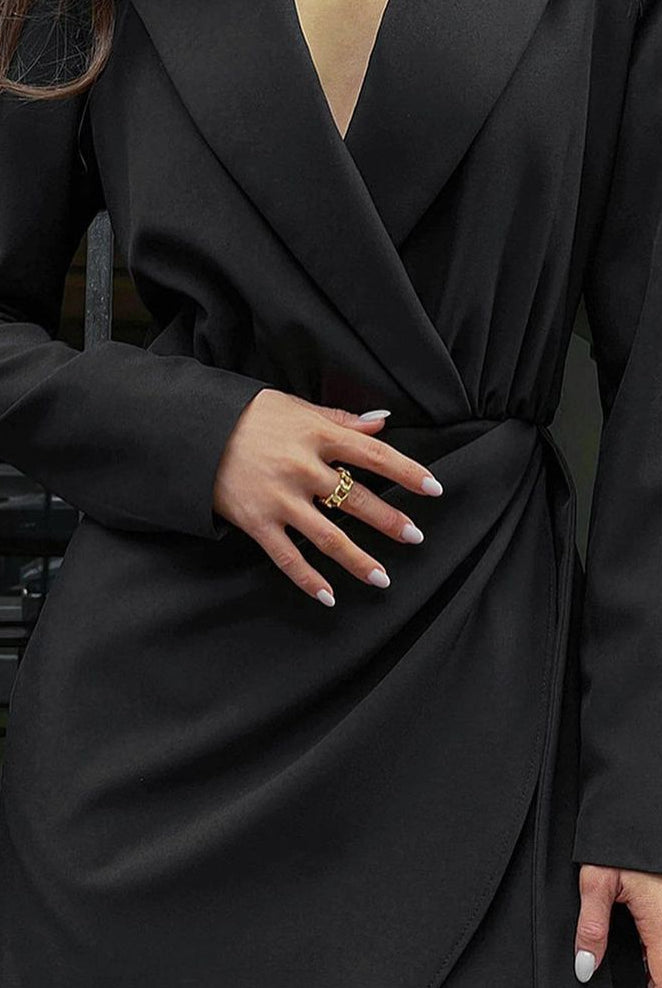 Isabelle black trench mini dress by Lumina Vancouver, stylish classic black dress with tailored fit and elegant design.