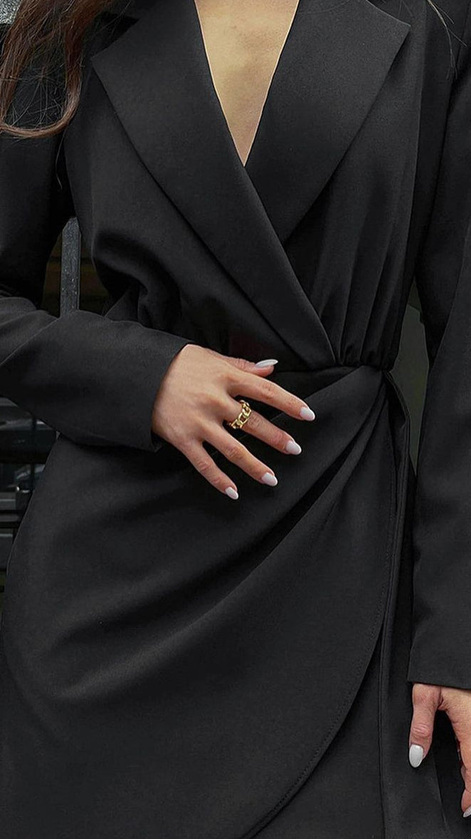 Isabelle black trench mini dress by Lumina Vancouver, stylish classic black dress with tailored fit and elegant design.