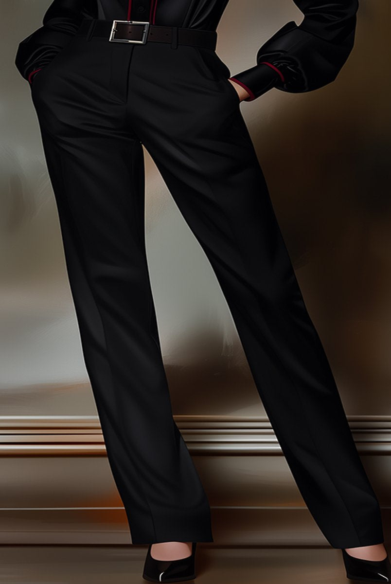 Lumina Vancouver Isabelle black twill pants, classic fit with front pockets, shown in size small on a model.