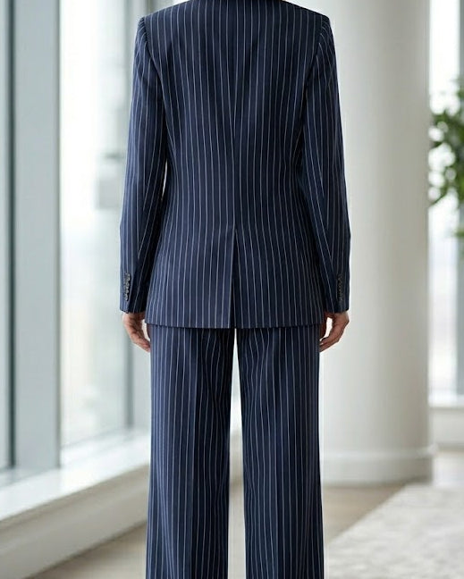 Navy blue Leandra double-breasted suit set by Lumina Wear, featuring tailored blazer and matching pants, on a mannequin.