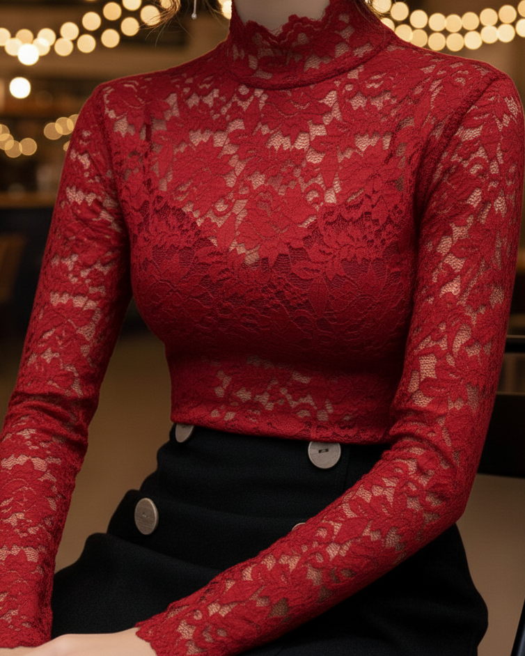 Black floral lace high neck blouse by Lumina Wear, featuring intricate lace details and a stylish high neckline.