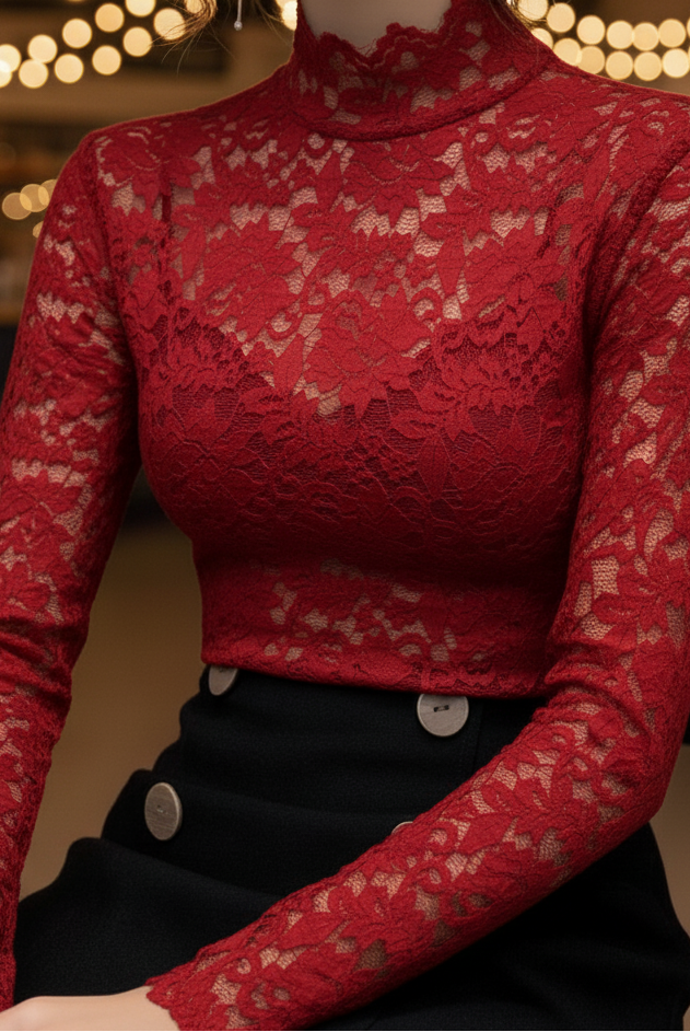 Black floral lace high neck blouse from Lumina Vancouver's Isabelle collection, featuring intricate lace detailing and a high neckline.