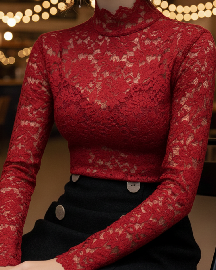 Black floral lace high neck blouse from Lumina Vancouver's Isabelle collection, featuring intricate lace detailing and a high neckline.