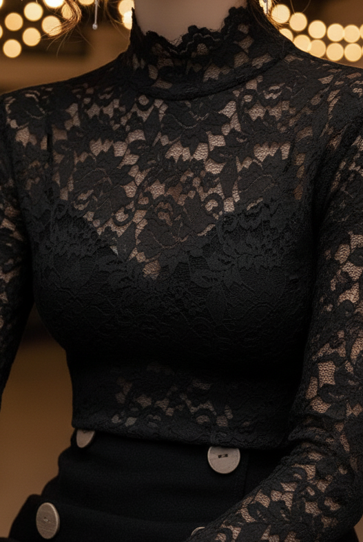 Black floral lace high-neck blouse by Lumina Vancouver featuring intricate lace details and a elegant high neckline.