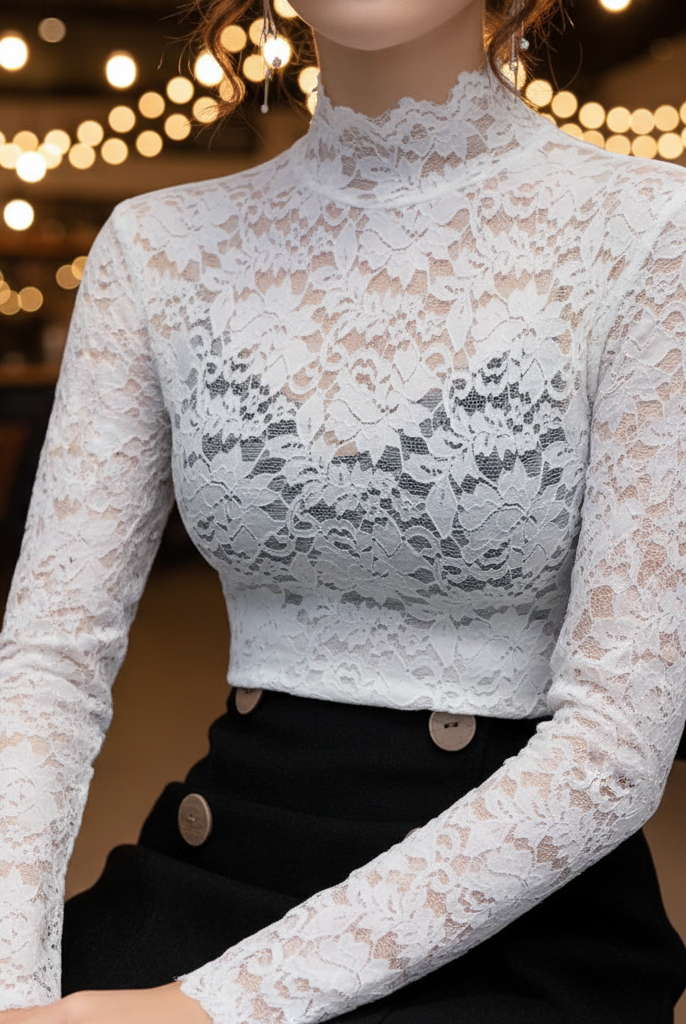 Black floral lace high-neck blouse from Lumina Vancouver, featuring intricate lace details and a fitted design.