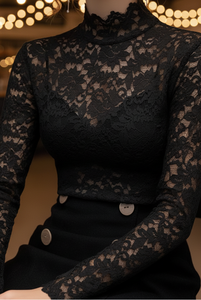 Black floral lace high-neck blouse from Lumina Vancouver, featuring intricate lace details and a elegant high neckline.