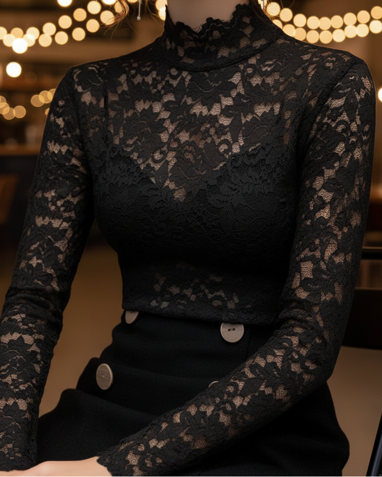 Black floral lace high-neck blouse from Lumina Vancouver, featuring intricate lace details and a elegant high neckline.