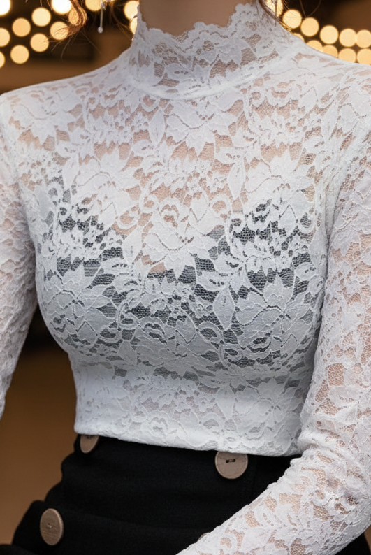 Black floral lace high neck blouse by Lumina Vancouver, featuring intricate lace details and a elegant high neckline.