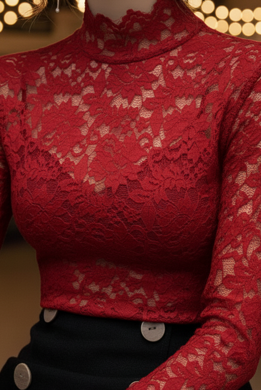Black floral lace high neck blouse from Lumina Vancouver, featuring intricate lace details and a elegant high neckline.