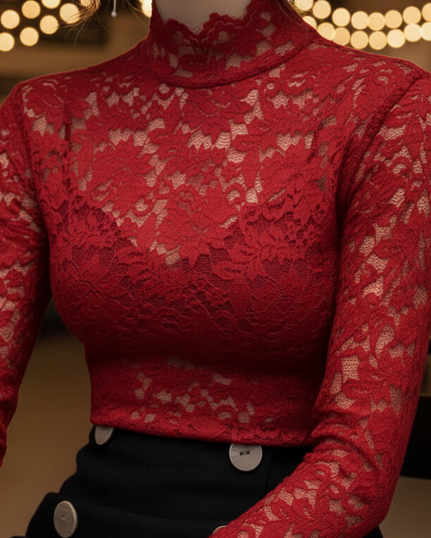 Black floral lace high neck blouse from Lumina Vancouver, featuring intricate lace details and a elegant high neckline.