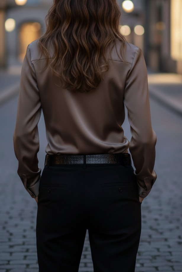 Brown Isabelle lace-up blouse by Lumina Vancouver, front view showing the stylish neckline and fitted design.