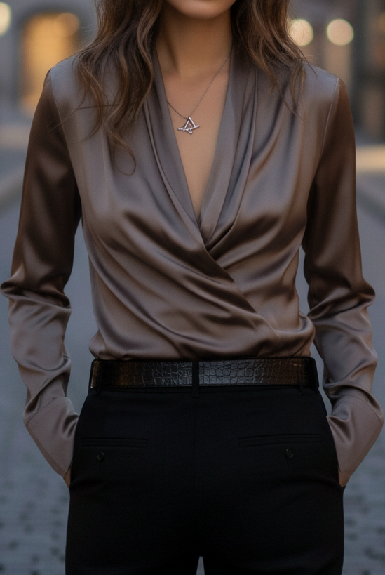 Brown Isabelle lace-up blouse by Lumina Vancouver displayed on a hanger with detailed fabric and stylish design.